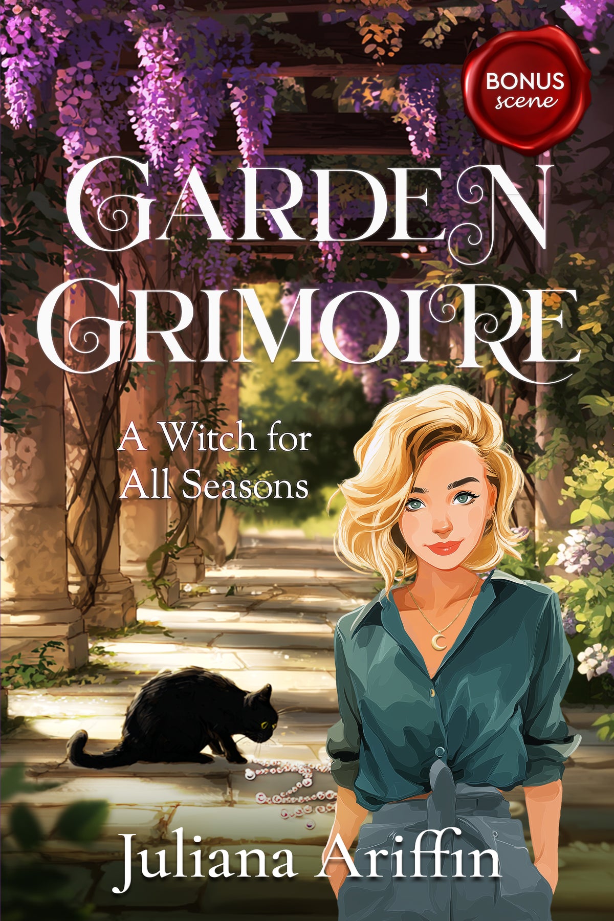 Book cover for 'Garden Grimoire: A Witch for All Seasons' by Juliana Ariffin, featuring an illustrated blonde woman in a teal blouse, a black cat on a stone path, and purple wisteria overhead, with a red 'Bonus scene' badge.