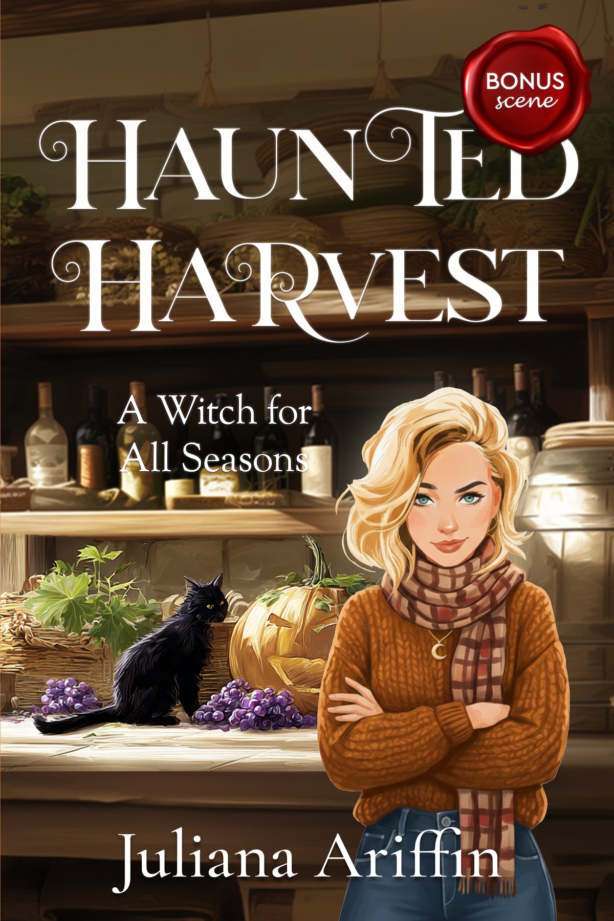 Book cover for 'Haunted Harvest: A Witch for All Seasons' by Juliana Ariffin, featuring an illustrated blonde woman in a brown sweater and scarf standing in a rustic cellar, with a black cat, pumpkin, grapes, and a wine barrel nearby. A red 'Bonus scene' badge appears in the top right.
