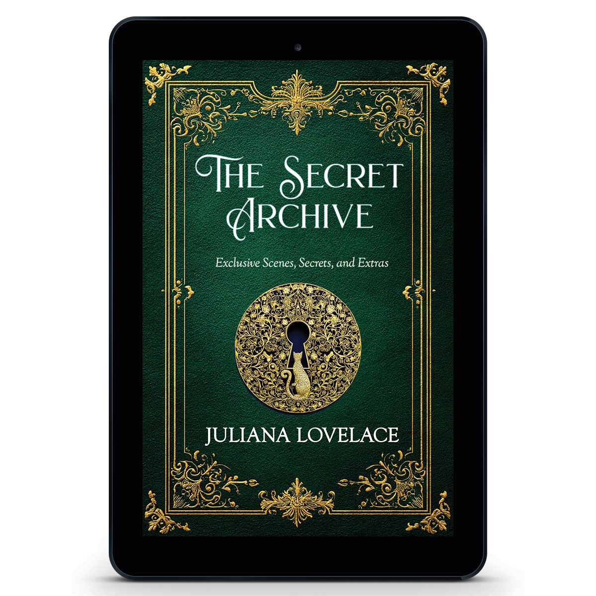 Ebook cover of 'The Secret Archive' by Juliana Lovelace on a tablet screen, featuring gold filigree, a golden lock, and a golden cat peering into the keyhole of the lock.