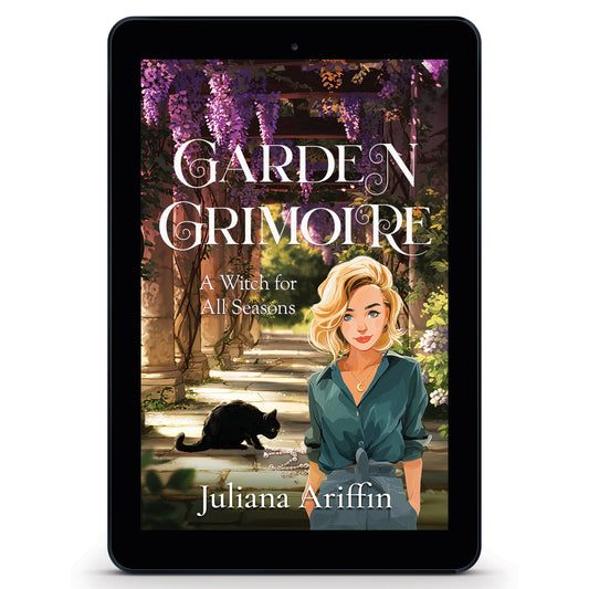Ebook cover for 'Garden Grimoire' by Juliana Ariffin, a  witchy paranormal cozy mystery, featuring a blonde witch in a green shirt and a black cat standing in a sunlit garden with purple wisteria, stone pillars, and pearls scattered on the ground.